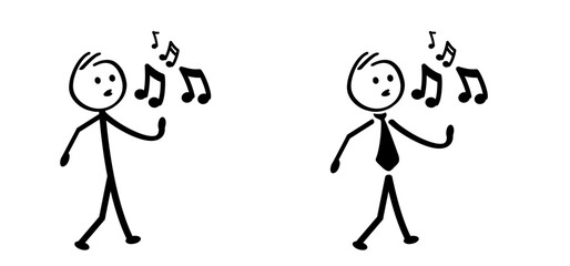 Cartoon walking, whistle, pipe, wander away symbol. Walk and singing sign. Happy to work, school or home. Stickman people to song. Stick figure man person. Dance time. to hop, skip on music sound. 