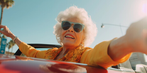 Joyful elderly woman riding in convertible with hands in the air, Generative AI - obrazy, fototapety, plakaty