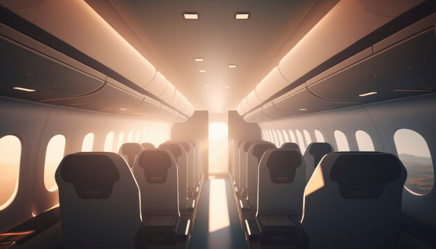 interior of an airplane with lens flare and sunlight with defocused and depth of field background 