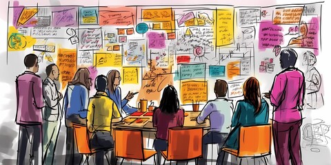 Innovation and Creativity: Group brainstorming in front of a giant whiteboard filled with colorful sticky notes and sketches. Generative ai.