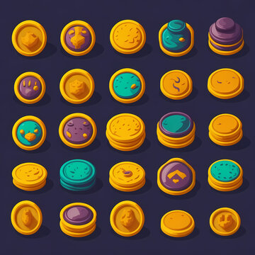 set of coins, tileset for a game, cartoon style, 