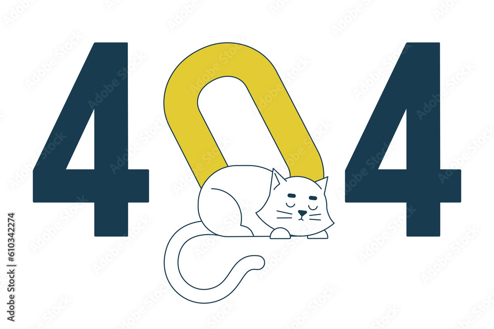 Poster sleeping white cat error 404 flash message. tilted zero number. lazy cat lying down. empty state ui 