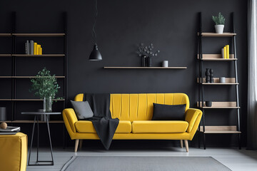 Interior with yellow sofa and ladder shelf in modern home, living room, created with Generative AI