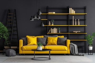 Interior with yellow sofa and ladder shelf in modern home, living room, created with Generative AI