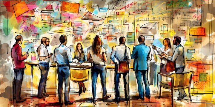 Innovation and Creativity: Group brainstorming in front of a giant whiteboard filled with colorful sticky notes and sketches. Generative ai.