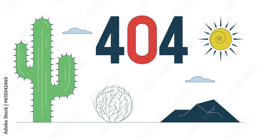 Poster desert wasteland with cactus error 404 flash message. tumbleweed rolling on road. empty state ui des