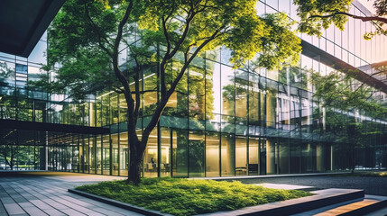 modern office building with green trees