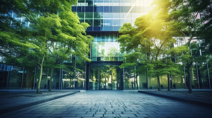 modern office building with green trees