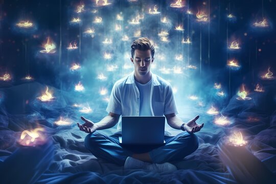 Work-Life Balance: A calming scene featuring man meditating or practicing yoga next to their laptop at work. Mental health equal productivity at work. Generative ai.