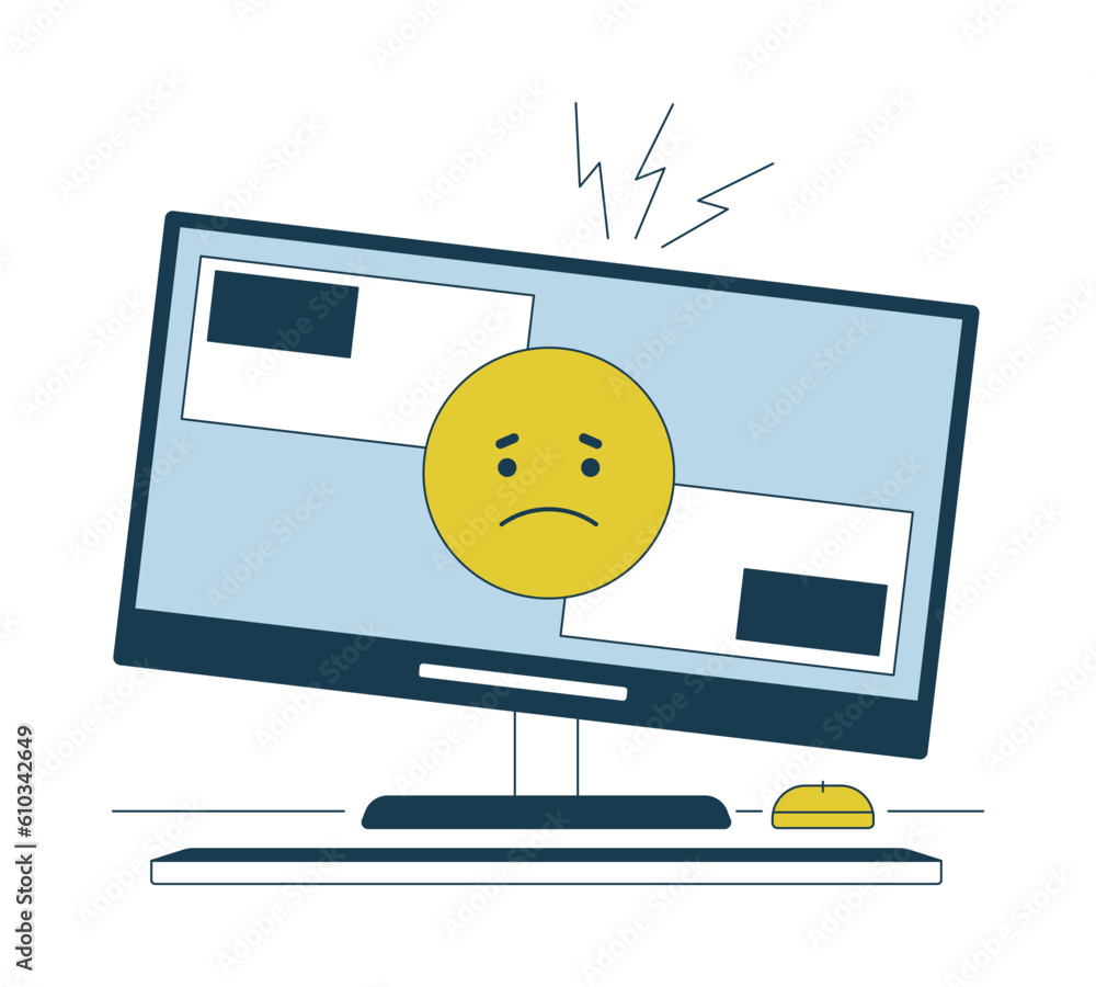 Poster computer problem flat line vector spot illustration. sad emoticon on cracked display 2d cartoon outl