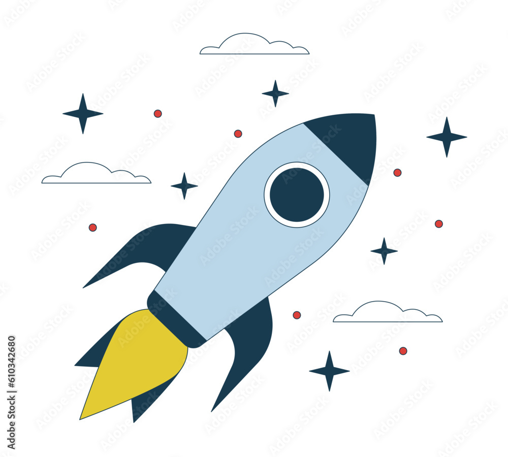 Poster spaceship in space flat line vector spot illustration. shuttle in orbit 2d cartoon outline object on