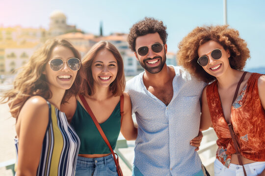 Happy group of friends taking selfies on their holiday. Concept summer holidays. Generative AI