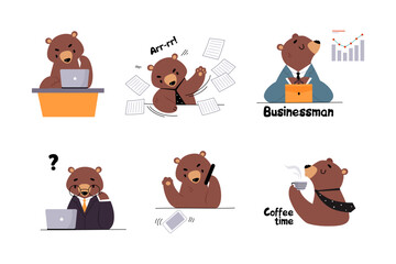 Bear Staff or Office Employee in Tie and Suit Vector Illustration Set