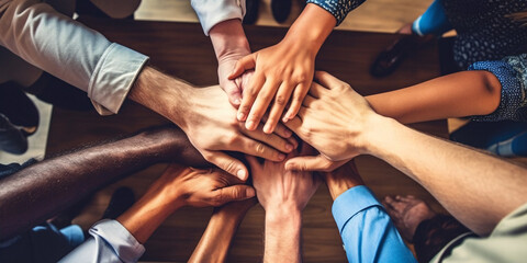 Teamwork Makes the Dream Work: An image of Diverse team members high-fiving each other in celebration of competing project. Generative ai.