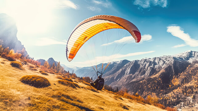Man flying Back View the paragliding alone at sunny day, adventure concept