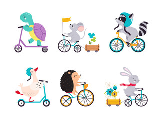 Cute Animal Riding Bicycle and Scooter Vector Illustration Set