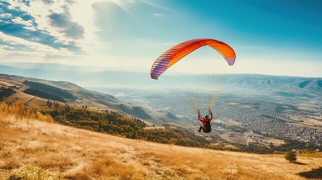 Man flying Back View the paragliding alone at sunny day, adventure concept