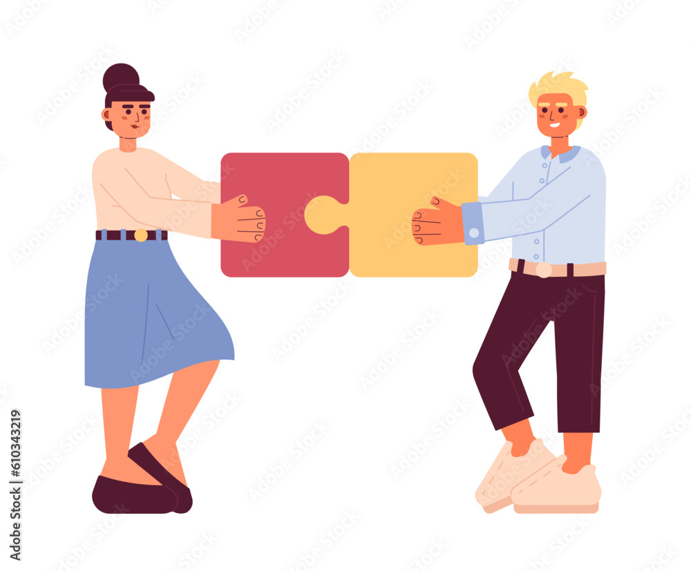 Poster networking businesspeople flat concept vector spot illustration. colleagues putting puzzle together 