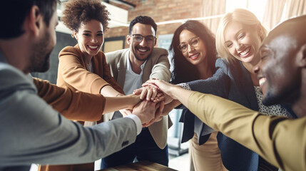 Teamwork Makes the Dream Work: An image of Diverse team members high-fiving each other in celebration of competing project. Generative ai.