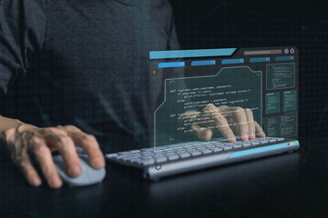 Software developer or programmer coding program with laptop. Create Intelligence innovation....