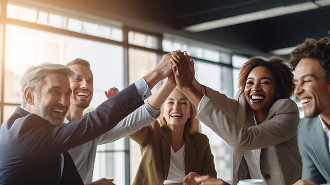 Teamwork Makes the Dream Work: An image of Diverse team members high-fiving each other in celebration of competing project. Generative ai.