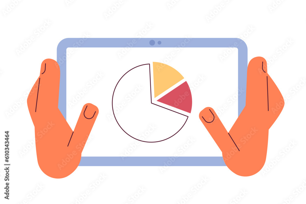 Aufkleber digital marketing report flat concept vector spot illustration. holding tablet computer with pie cha