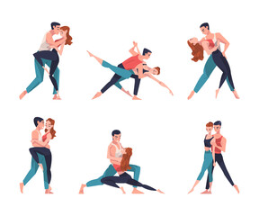 Man and Woman Dancer Moving in Tandem Performing at Choreography Class Vector Illustration Set