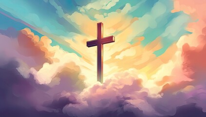 Spiritual illustration of a cross drawn with watercolors in the sky, representing the Christian and Catholic religion. Generative AI