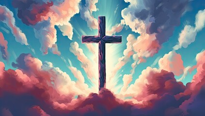 Spiritual illustration of a cross drawn with watercolors in the sky, representing the Christian and Catholic religion. Generative AI