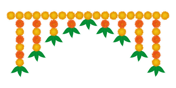 Garland Of Red And Yellow Marigold Flowers And Mango Leaves