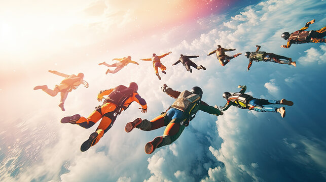Skydiving people doing a formation in free fall, back viewSkydiving people doing a formation in free fall, back view