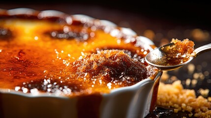 crunchy caramel crème brûlée with a perfect golden top layer, insane details, food photography - generative AI