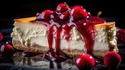 A closeup magazine quality shot of a luscious slice of New York cheesecake, insane details, food photography, editorial photography - generative AI