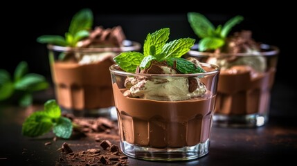 Belgian chocolate mousse garnished with shaved chocolate and a fresh mint leaf, insane details, food photography - generative AI
