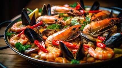 A closeup magazine quality shot of a traditional Spanish paella, insane details, food photography, editorial photography - generative AI