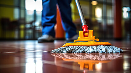 Cleaning service worker with mop in office closeup, Close up hand