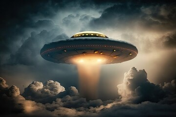 Fototapeta na wymiar A UFO flies high in the sky above the clouds, emitting a stream of light