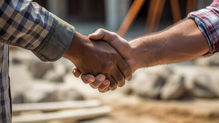 Close up of handshake in construction site. Employee or worker shake hands to employer man for greeting