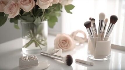 Obraz na płótnie Canvas stock photo of lipstic make up tools on the chic feminine white modern desk, with roses in a vase, artistic, top view, realistic, vivid, without text - generative AI