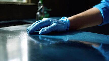 Fat men clean the house, wear blue gloves, are cleaning the table. Close Up Hand, No Face.