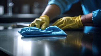 Fat men clean the house, wear blue gloves, are cleaning the table. Close Up Hand, No Face.