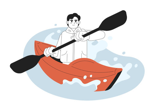 Kayaking competition concept hero image. Sea kayaker 2D cartoon outline character on white background. Leisure activity. Rafting isolated black and white illustration. Vector art for web design ui