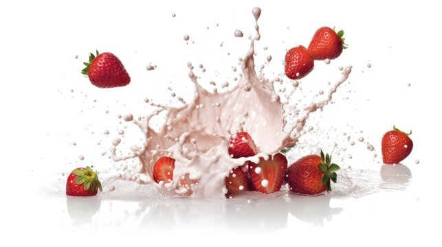 stock photo of milk or yogurt splash with strawberries isolated on white background, without text - generative AI