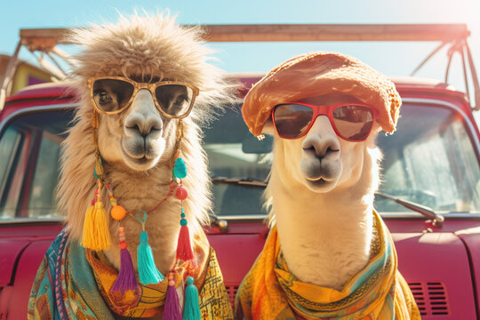 Funny illustration of two lamas wearing sunglasses in front of a vintage car