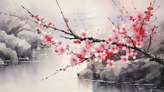 ink painting illustration style, cherry blossom branch, Generative Ai