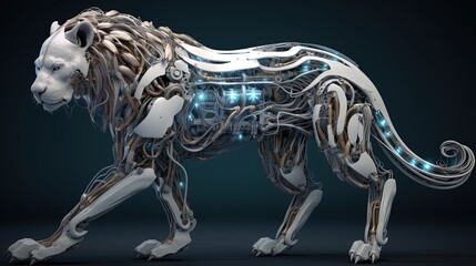 close up big cat robot with cityscape background, Generative Ai