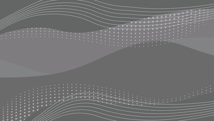 Gray background with modern abstract wave curves and gradient dots. Abstract decoration, circular patterns, gradient lines. Vector illustration