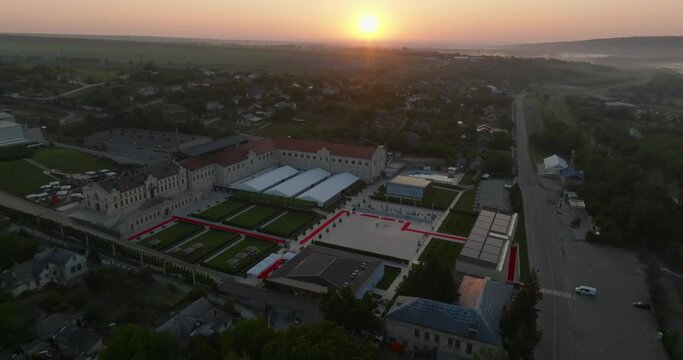 aerial view of mimi castle with red carpet during sunrise after EPC Summits in moldova