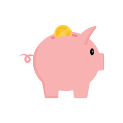 Piggy bank with golden dollar. Coin falling into piggy bank flat vector illustration isolated on white background