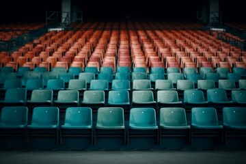 Rows of old empty plastic seats in huge auditorium in sports  event football match field. No one came on performance game or master class, reserved or vacant seats  concept. Generative AI Technology